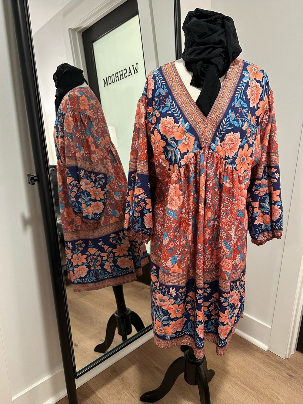 Floral V-Neck Mini Dress in Coral & Navy